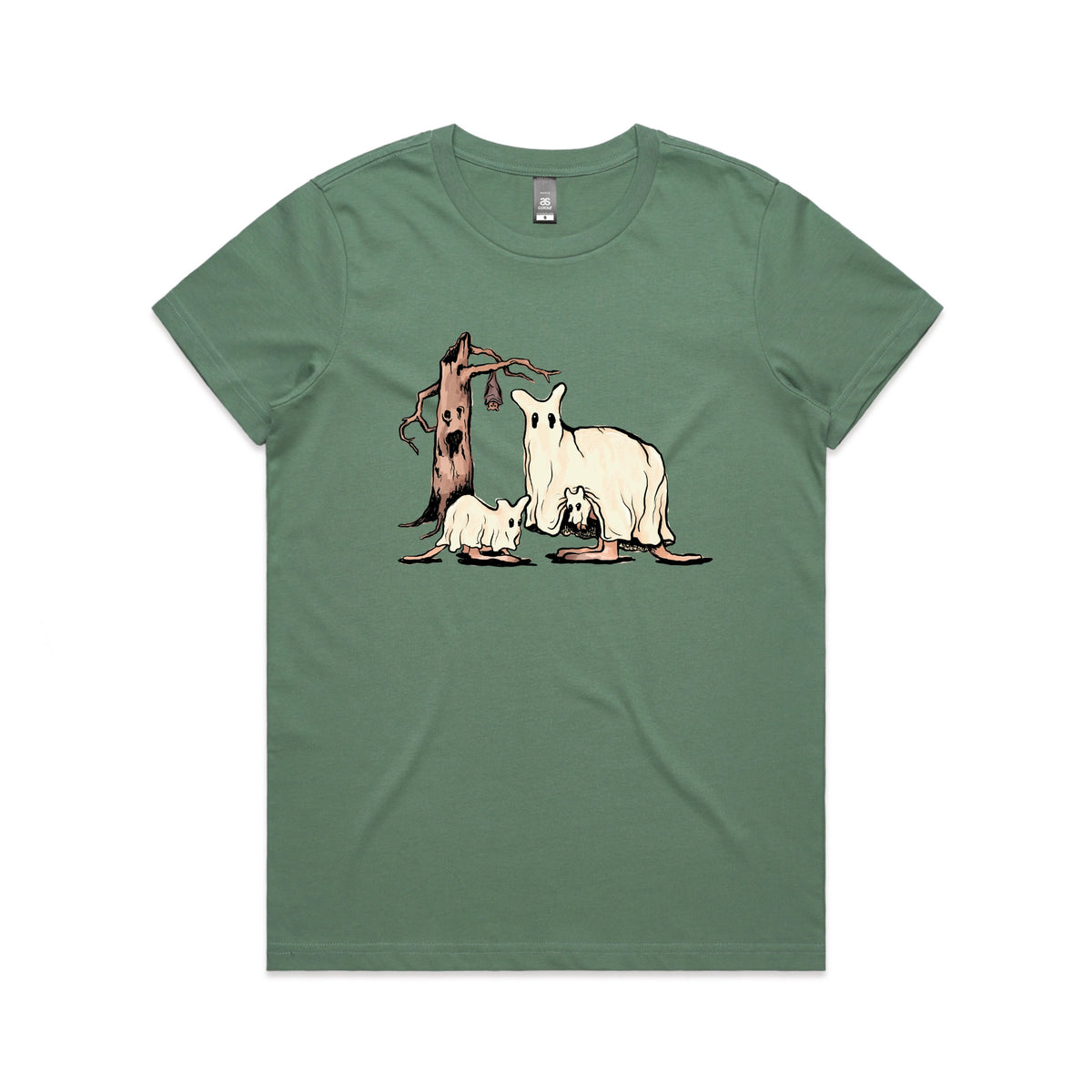 Sage fitted womens t-shirt with Ghostaroos graphic by Lonely Kids Club