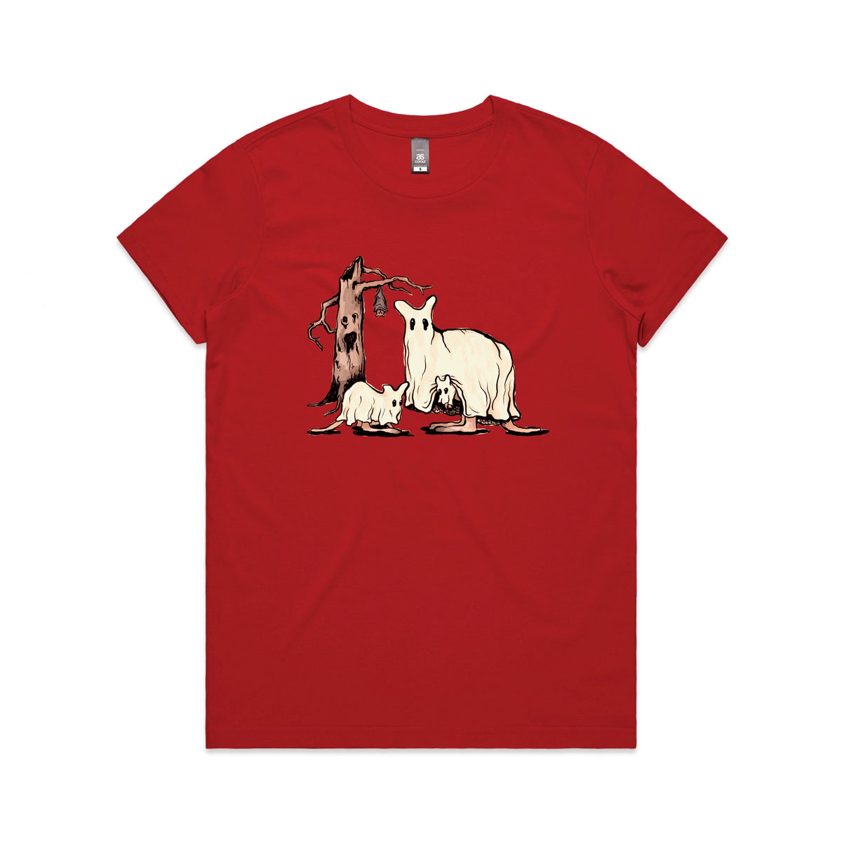 Red fitted womens t-shirt with Ghostaroos graphic by Lonely Kids Club