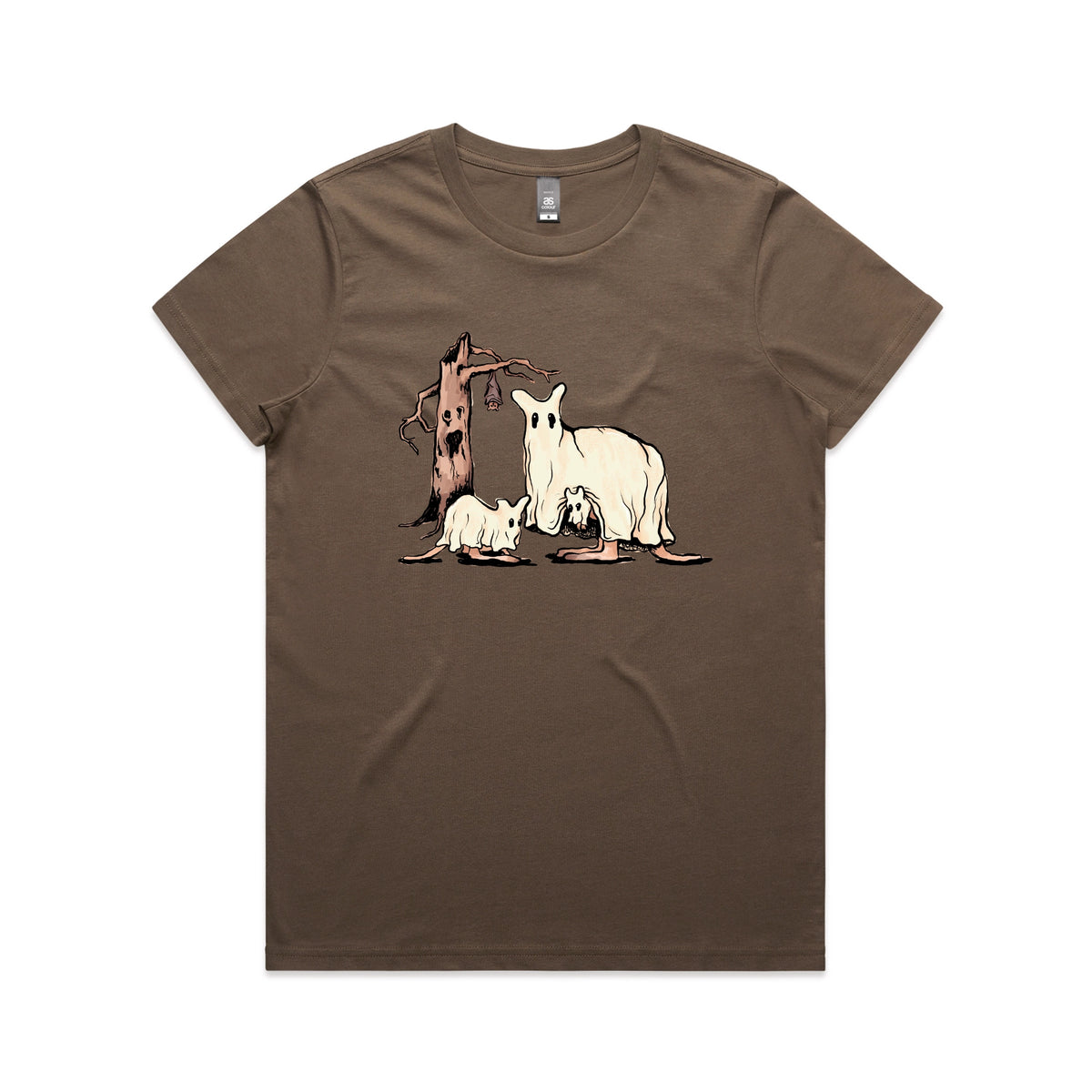 Walnut fitted womens t-shirt with Ghostaroos graphic by Lonely Kids Club