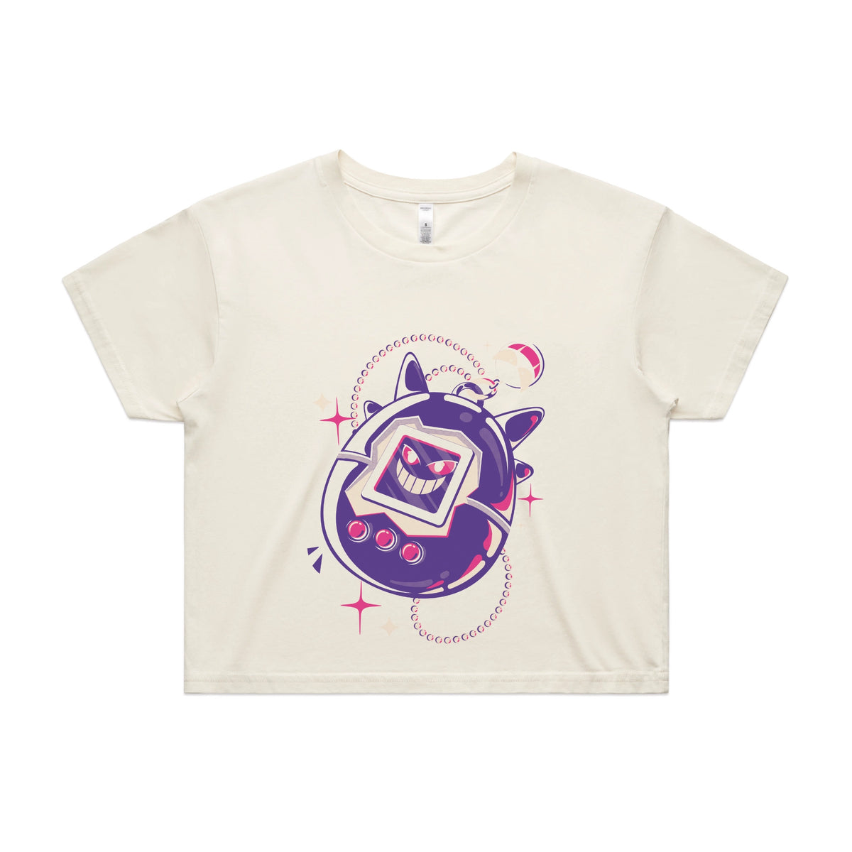 Ecru crop top with Ghostigotchi graphic by Lonely Kids Club