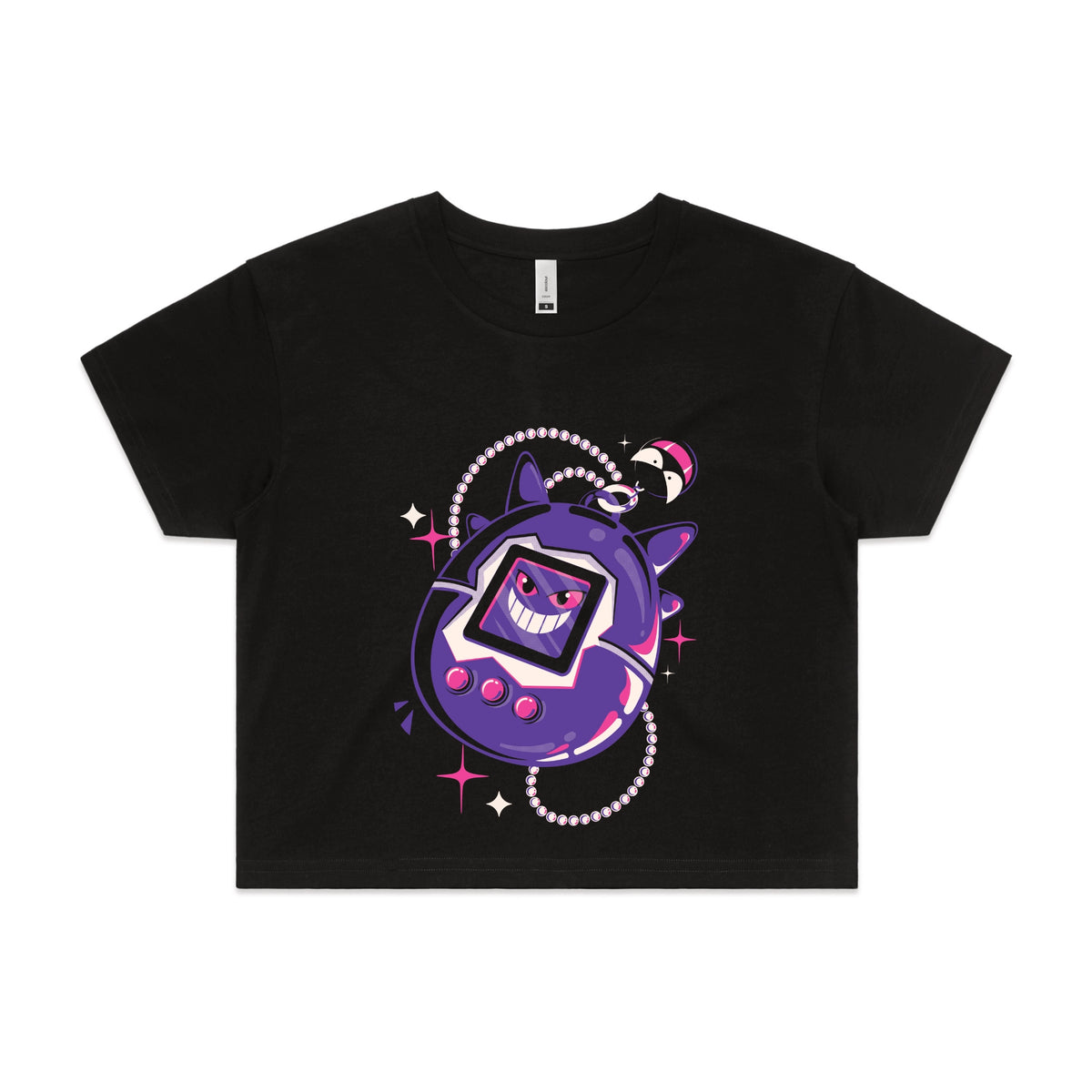 Black crop top with Ghostigotchi graphic by Lonely Kids Club