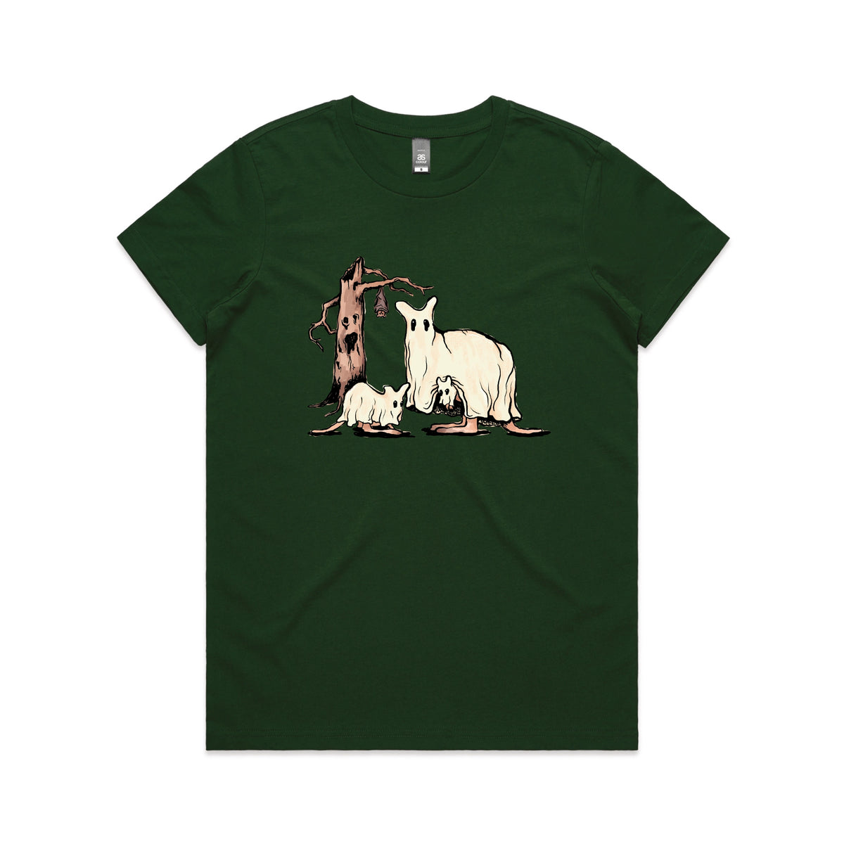Forest Green fitted womens t-shirt with Ghostaroos graphic by Lonely Kids Club