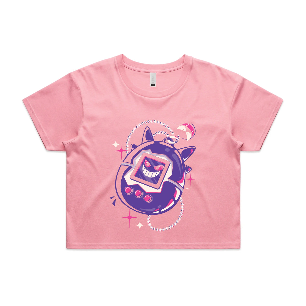 Bubblegum crop top with Ghostigotchi graphic by Lonely Kids Club