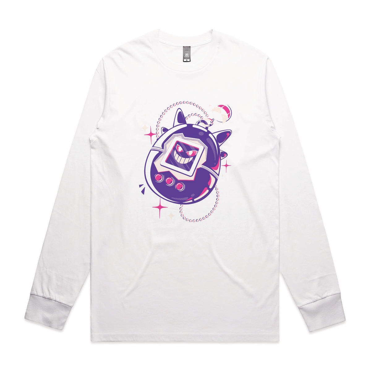 White long sleeve t-shirt with Ghostigotchi graphic by Lonely Kids Club