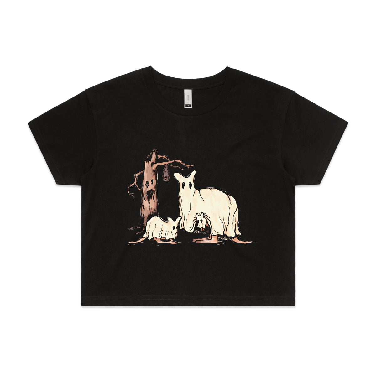 Black crop top with Ghostaroos graphic by Lonely Kids Club