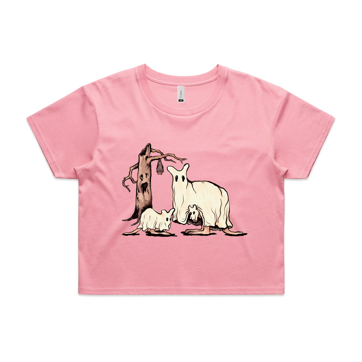 Bubblegum crop top with Ghostaroos graphic by Lonely Kids Club