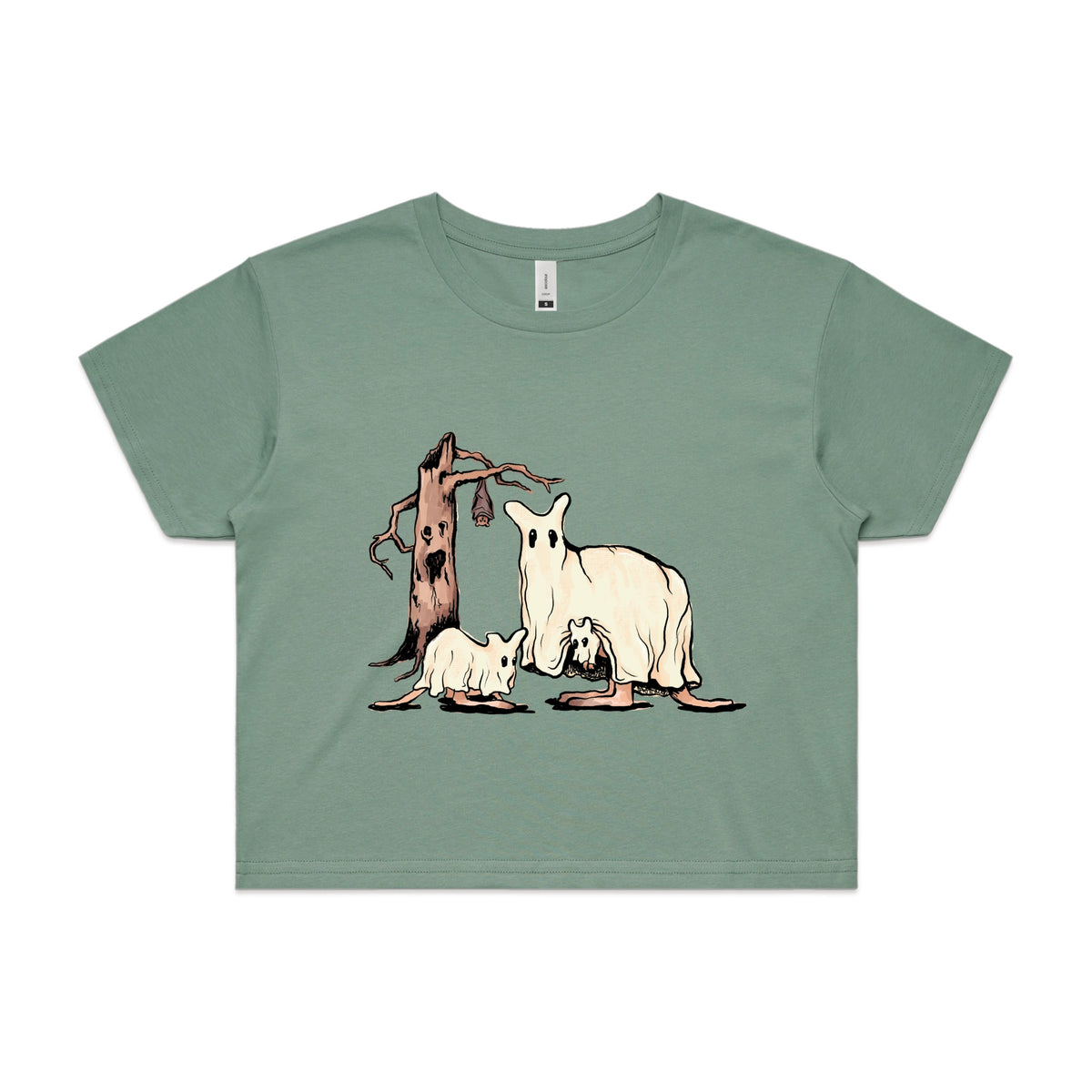 Sage crop top with Ghostaroos graphic by Lonely Kids Club