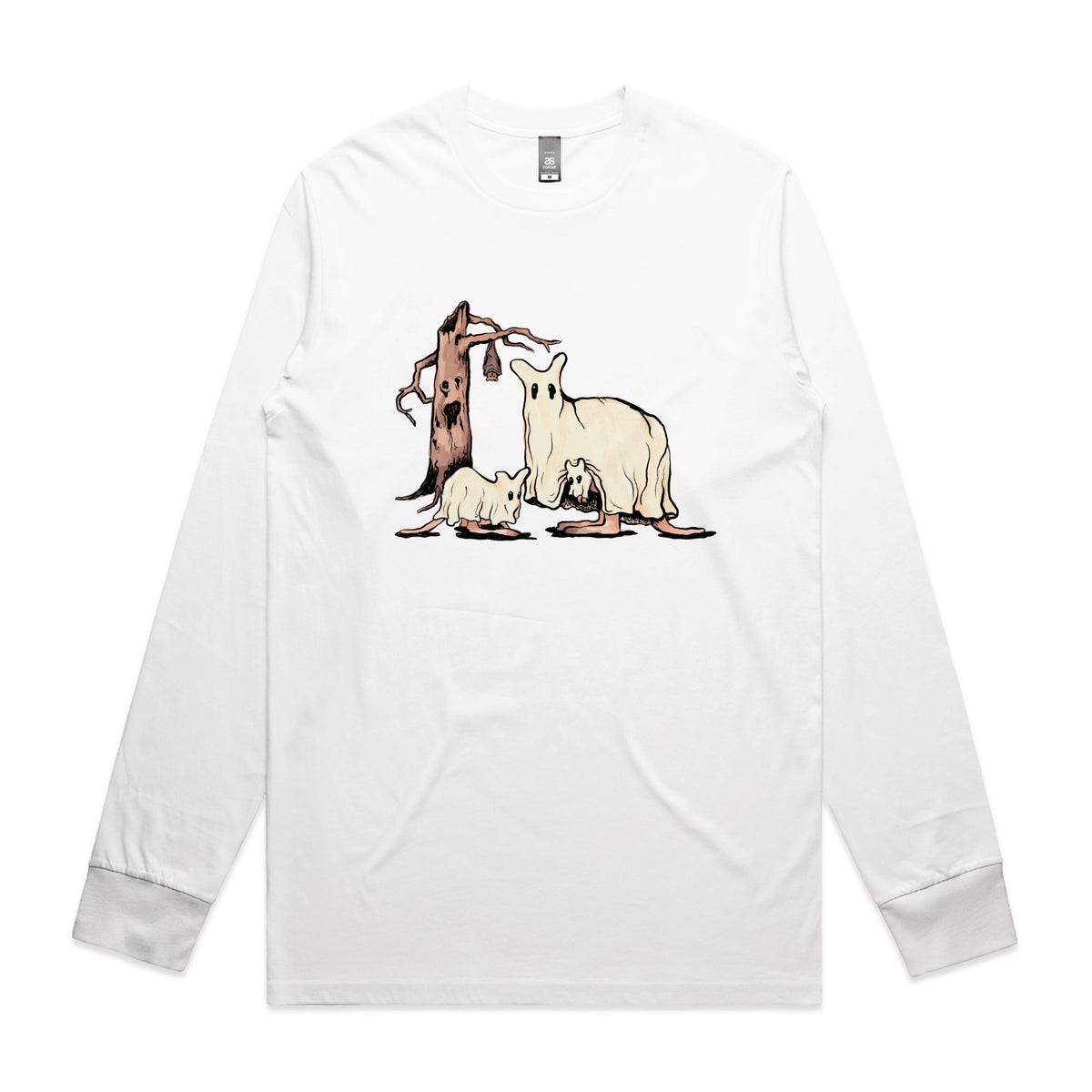 White long sleeve t-shirt with Ghostaroos graphic by Lonely Kids Club