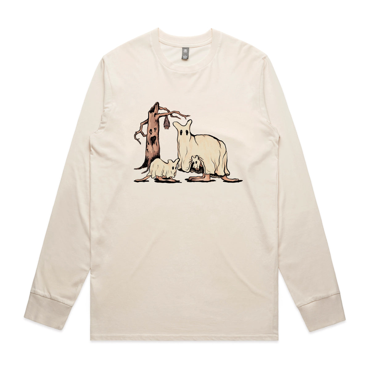 Ecru long sleeve t-shirt with Ghostaroos graphic by Lonely Kids Club