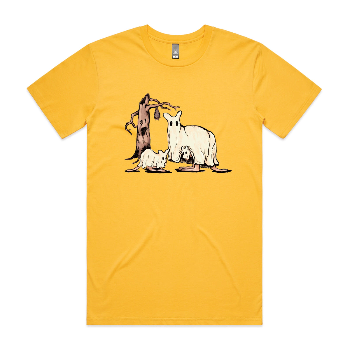 Yellow unisex t-shirt with Ghostaroos graphic by Lonely Kids Club