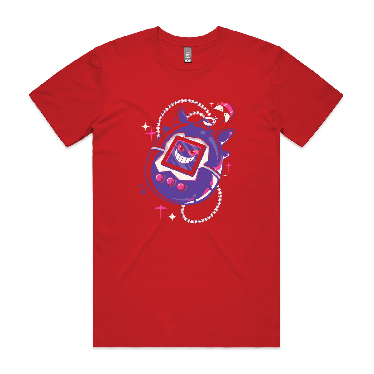 Red unisex t-shirt with Ghostigotchi graphic by Lonely Kids Club