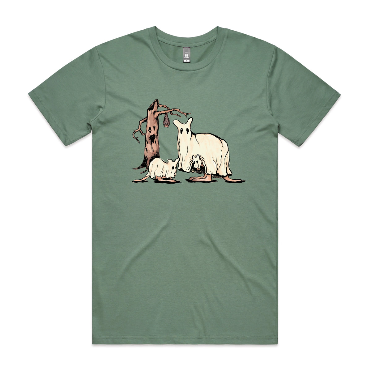 Sage unisex t-shirt with Ghostaroos graphic by Lonely Kids Club