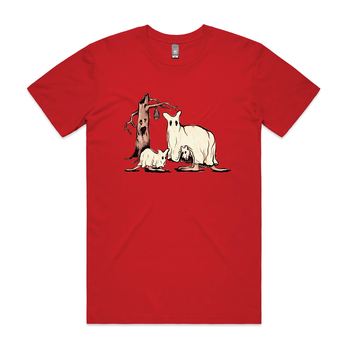 Red unisex t-shirt with Ghostaroos graphic by Lonely Kids Club