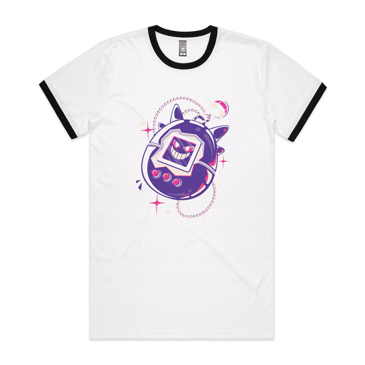 Black/White Ringer unisex t-shirt with Ghostigotchi graphic by Lonely Kids Club