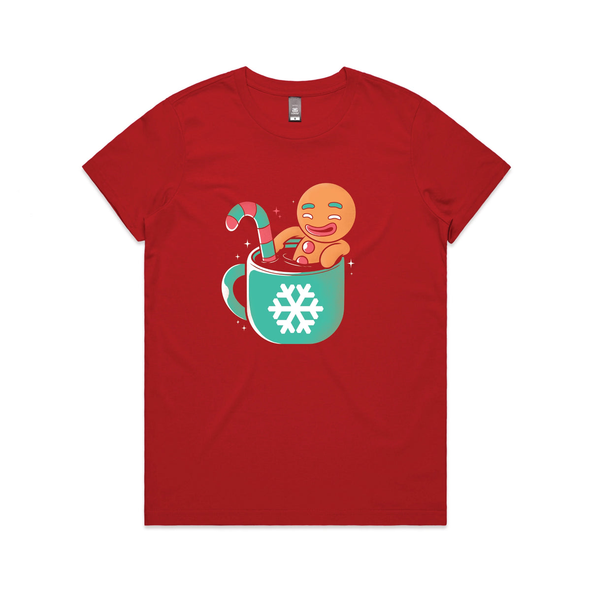 Red fitted womens t-shirt with Gingerbread Cocoa graphic by Lonely Kids Club