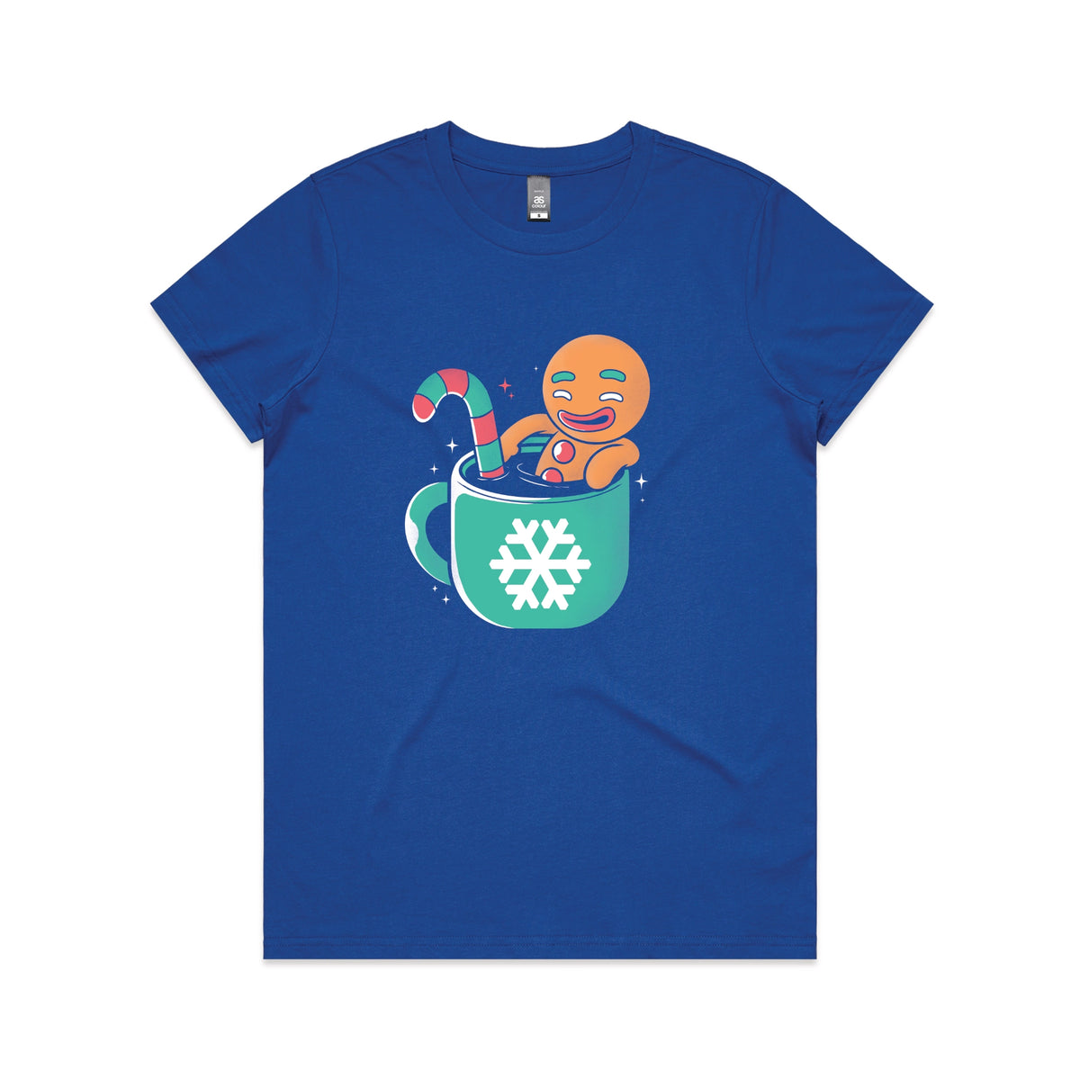Royal Blue fitted womens t-shirt with Gingerbread Cocoa graphic by Lonely Kids Club