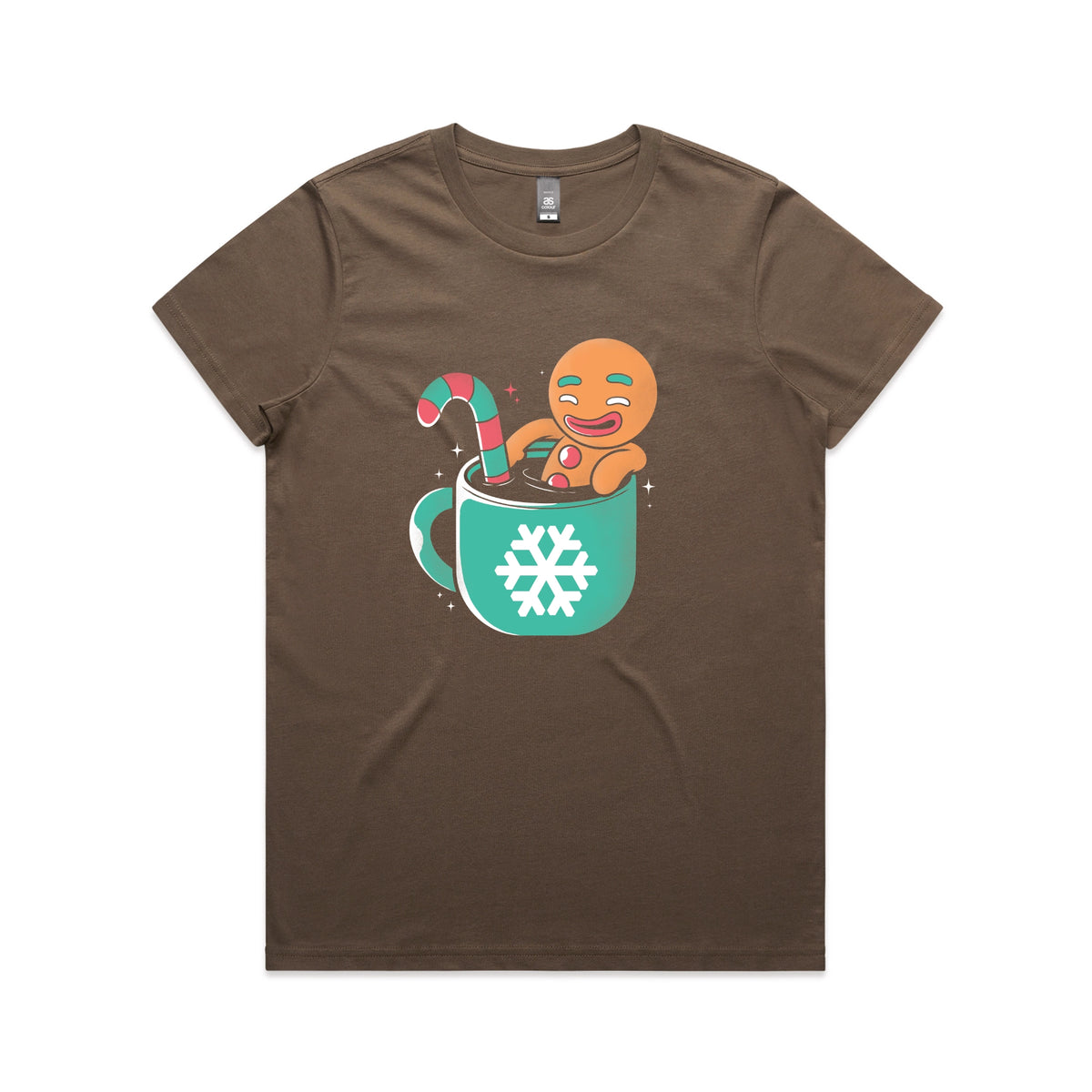 Walnut fitted womens t-shirt with Gingerbread Cocoa graphic by Lonely Kids Club