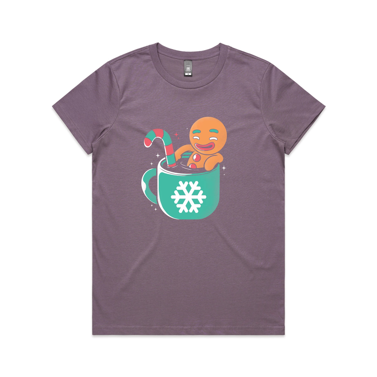 Mauve fitted womens t-shirt with Gingerbread Cocoa graphic by Lonely Kids Club