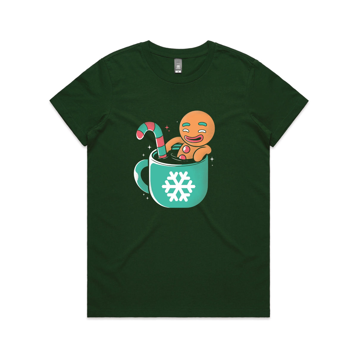Forest Green fitted womens t-shirt with Gingerbread Cocoa graphic by Lonely Kids Club