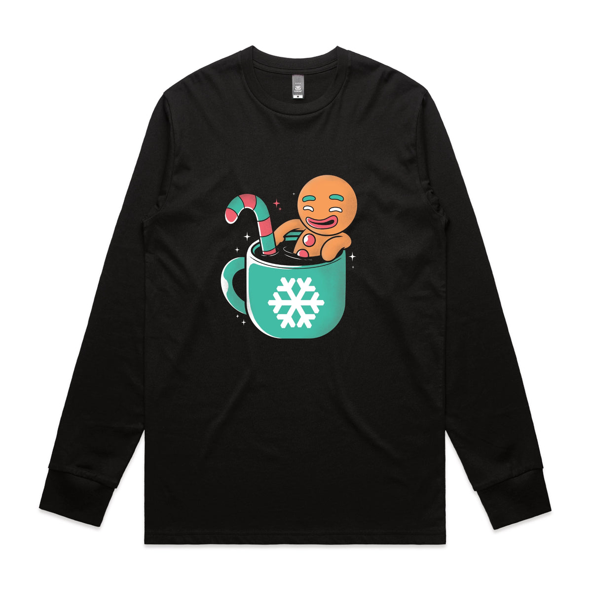 Black long sleeve t-shirt with Gingerbread Cocoa graphic by Lonely Kids Club