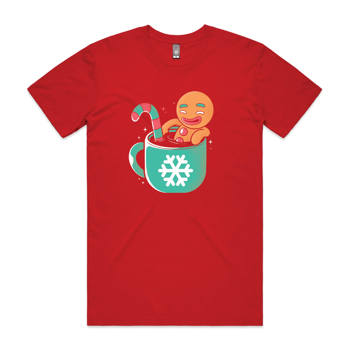 Red unisex t-shirt with Gingerbread Cocoa graphic by Lonely Kids Club