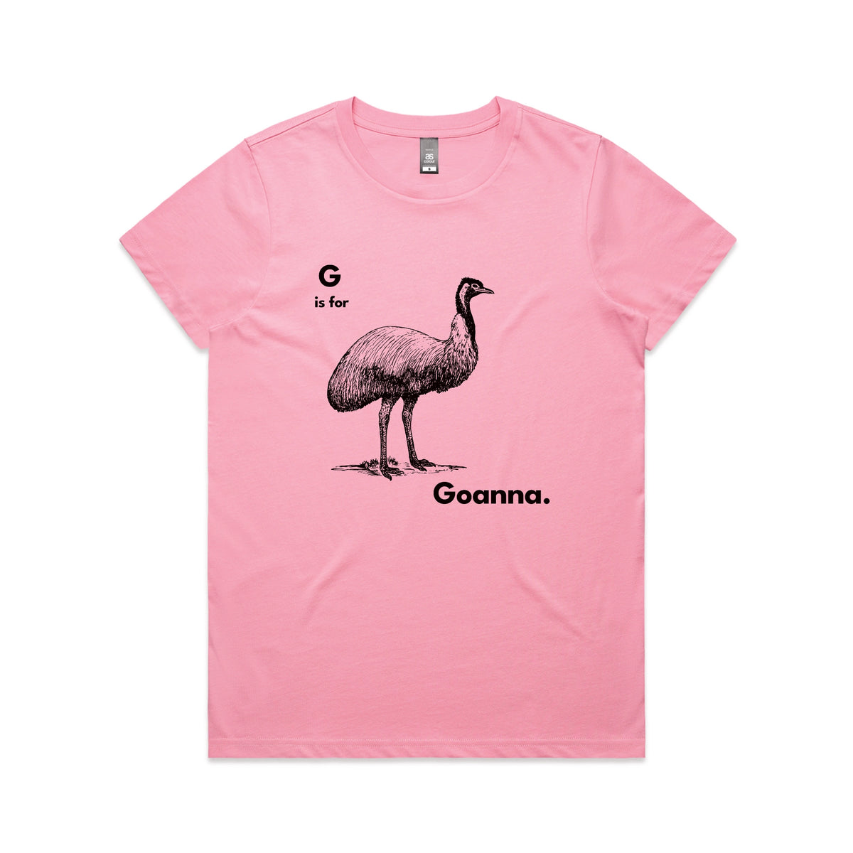 Bubblegum fitted womens t-shirt with G Is For Goanna graphic by Lonely Kids Club