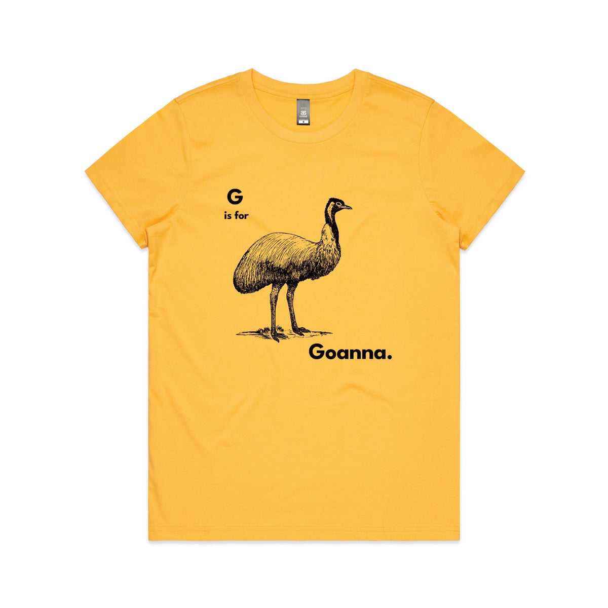 Yellow fitted womens t-shirt with G Is For Goanna graphic by Lonely Kids Club