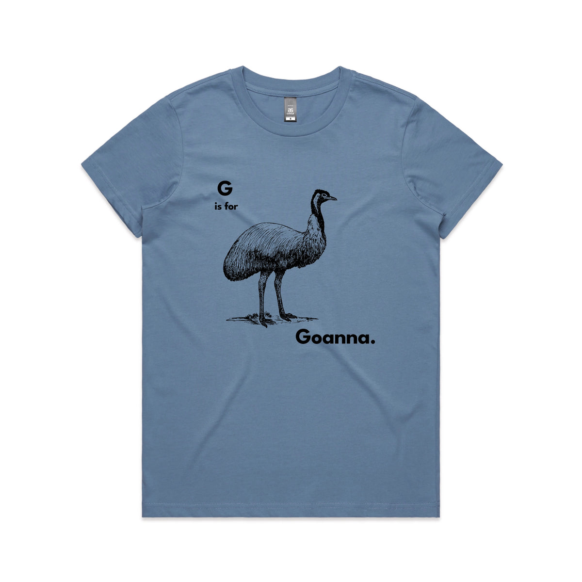 Carolina Blue fitted womens t-shirt with G Is For Goanna graphic by Lonely Kids Club