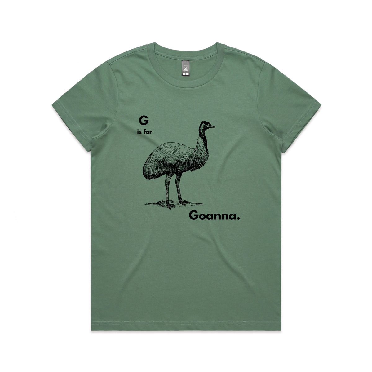 Sage fitted womens t-shirt with G Is For Goanna graphic by Lonely Kids Club