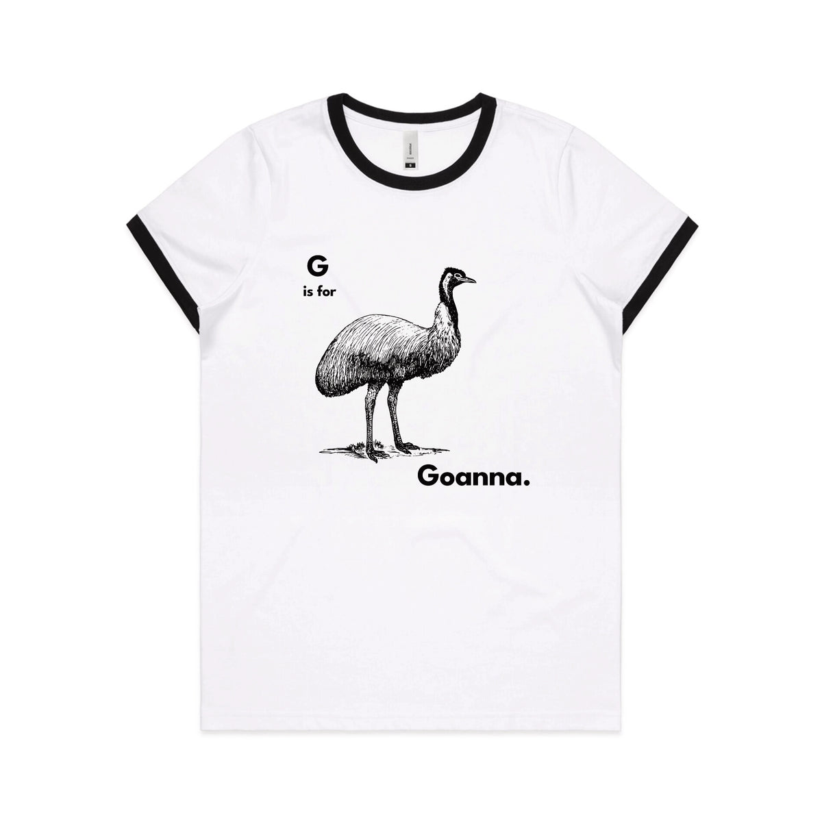 Black/White Ringer fitted womens t-shirt with G Is For Goanna graphic by Lonely Kids Club