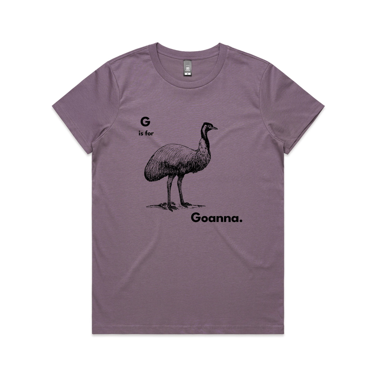 Mauve fitted womens t-shirt with G Is For Goanna graphic by Lonely Kids Club