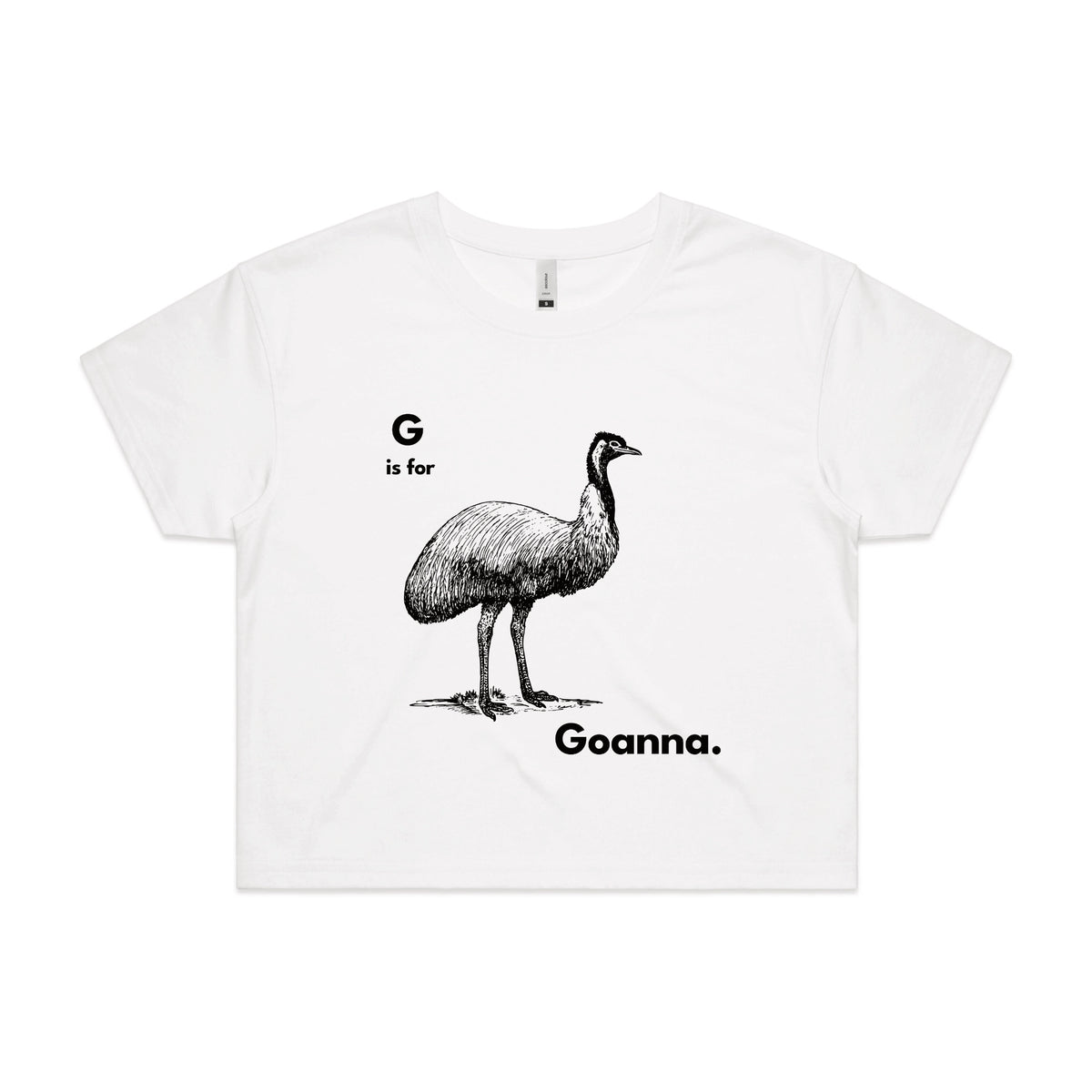 White crop top with G Is For Goanna graphic by Lonely Kids Club