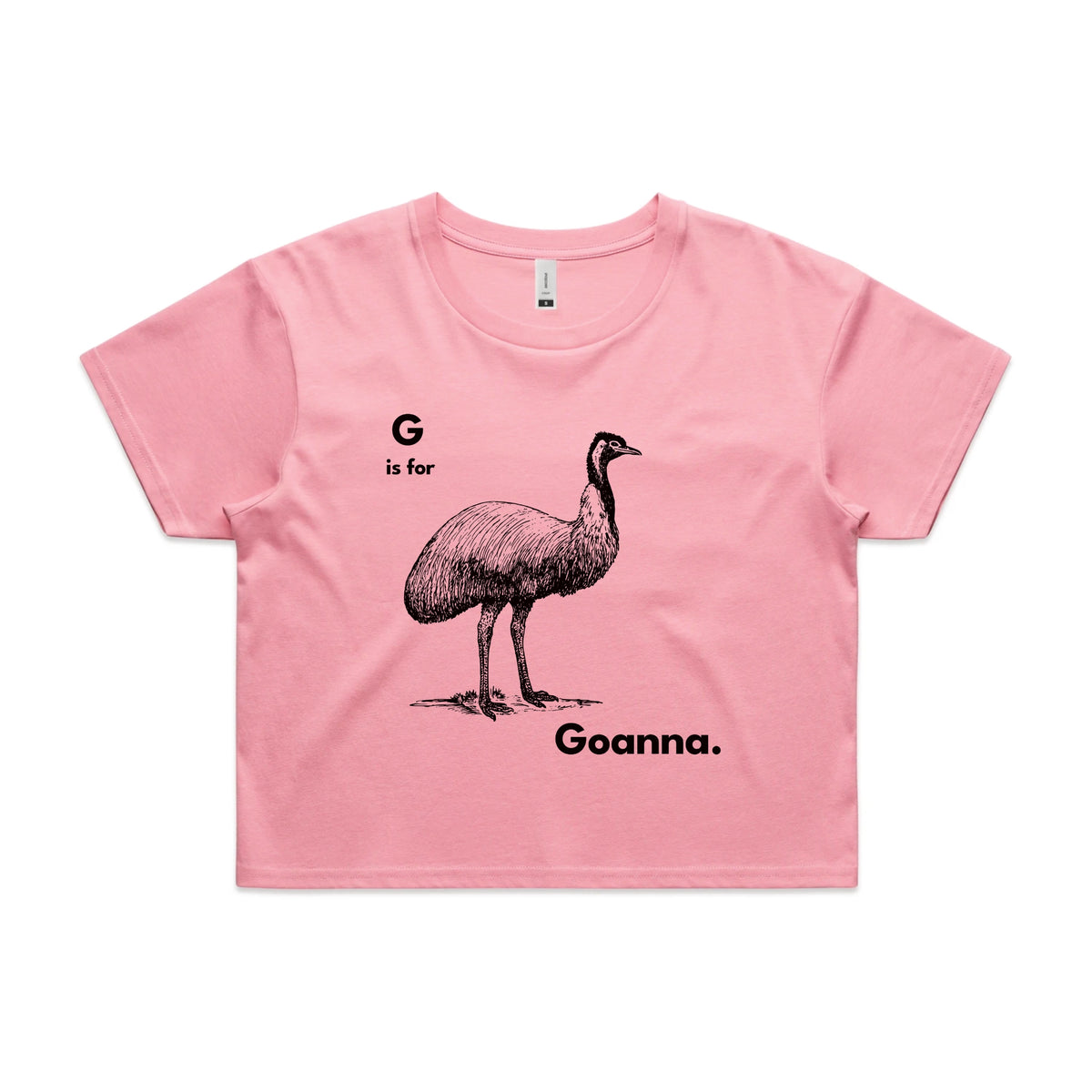 Bubblegum crop top with G Is For Goanna graphic by Lonely Kids Club
