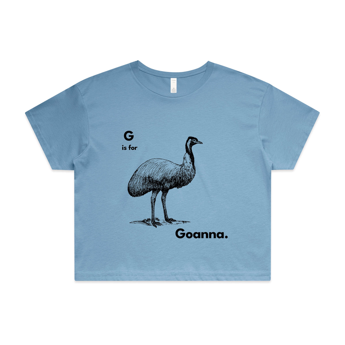 Carolina Blue crop top with G Is For Goanna graphic by Lonely Kids Club