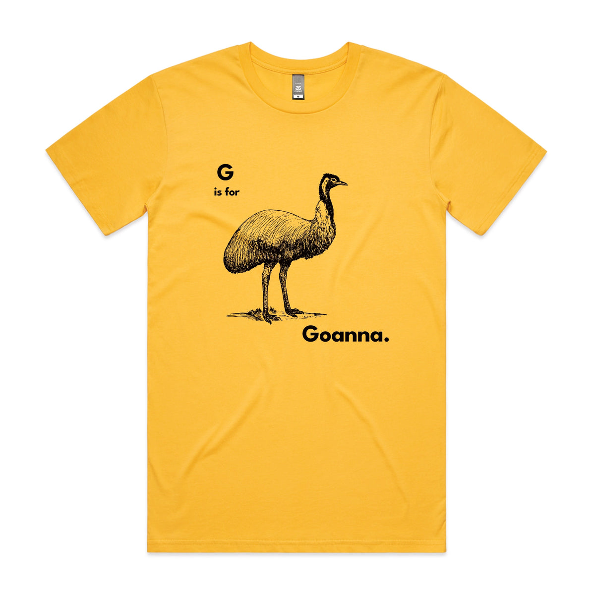 Yellow unisex t-shirt with G Is For Goanna graphic by Lonely Kids Club