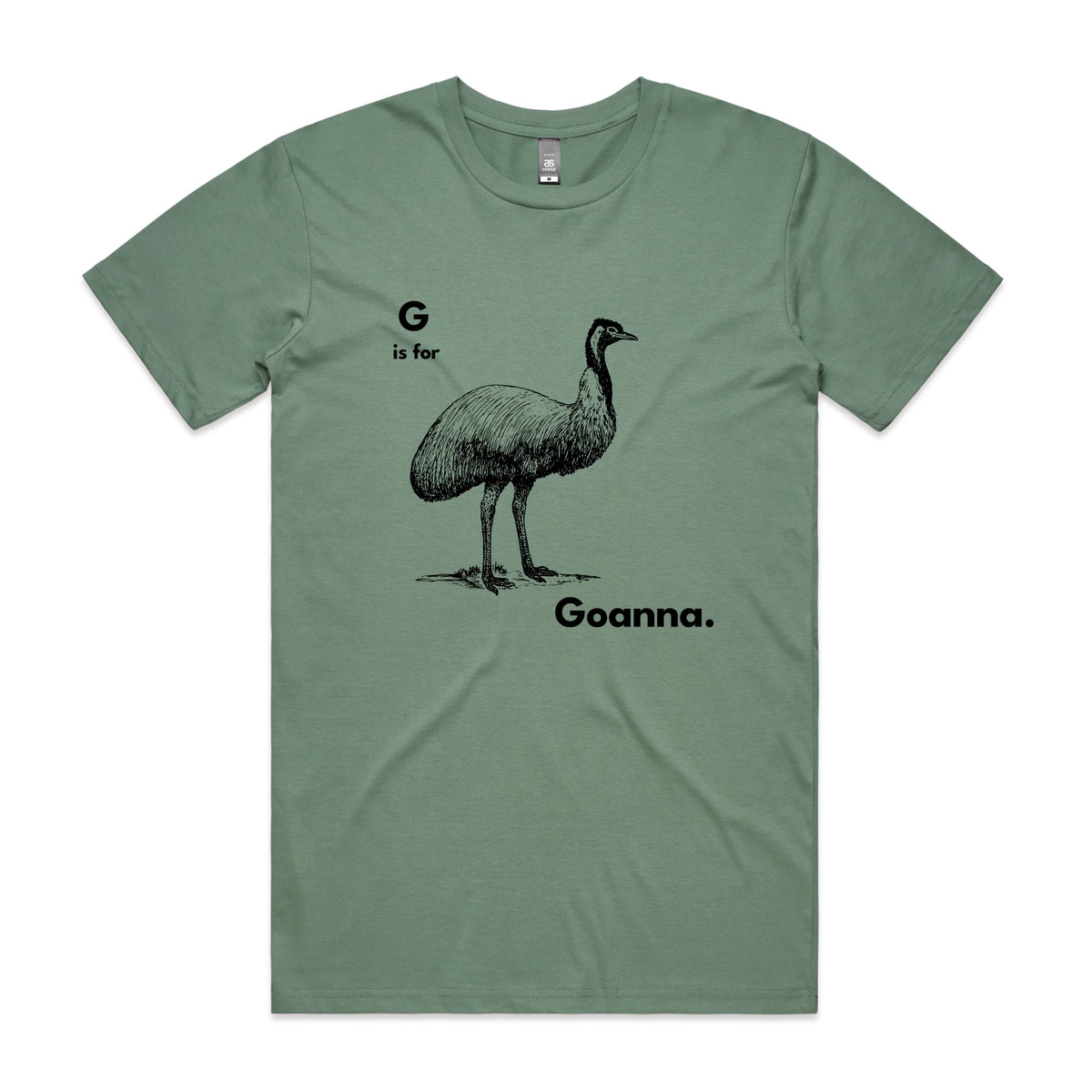 Sage unisex t-shirt with G Is For Goanna graphic by Lonely Kids Club