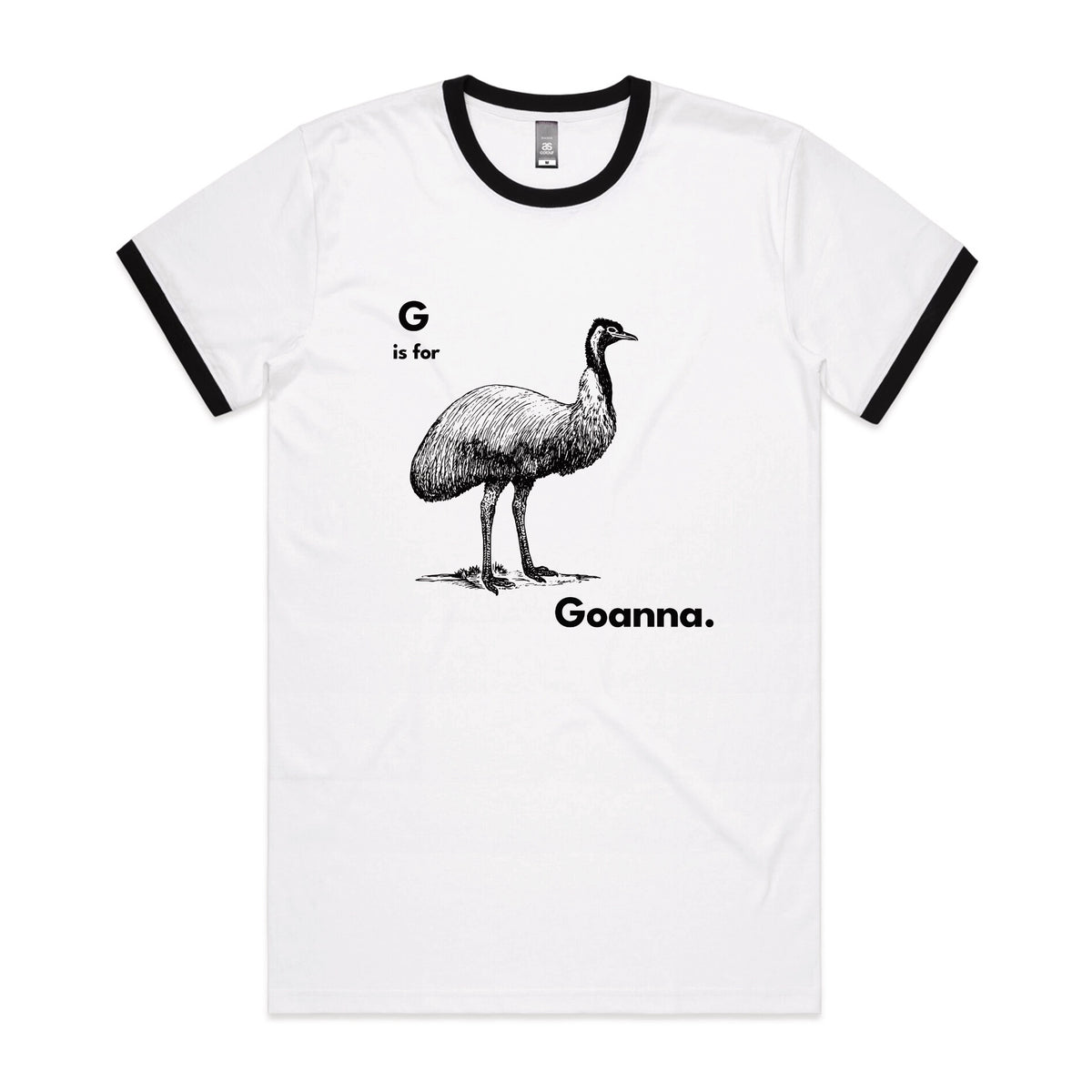 Black/White Ringer unisex t-shirt with G Is For Goanna graphic by Lonely Kids Club