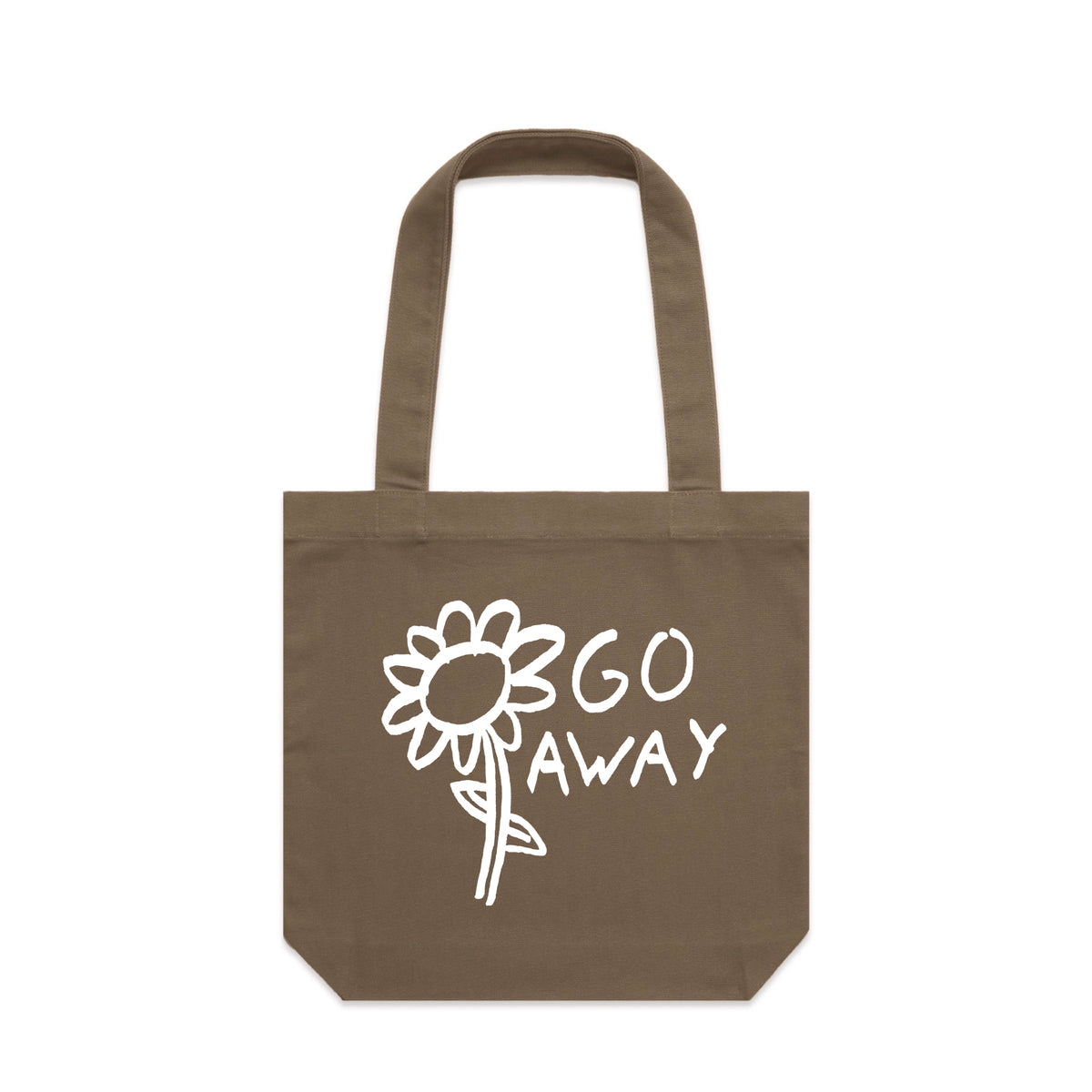 Walnut carrie tote with Go Away Tote graphic by Lonely Kids Club