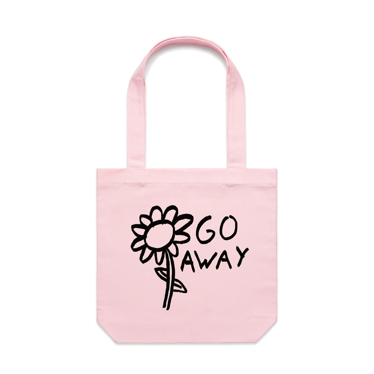Pink carrie tote with Go Away Tote graphic by Lonely Kids Club