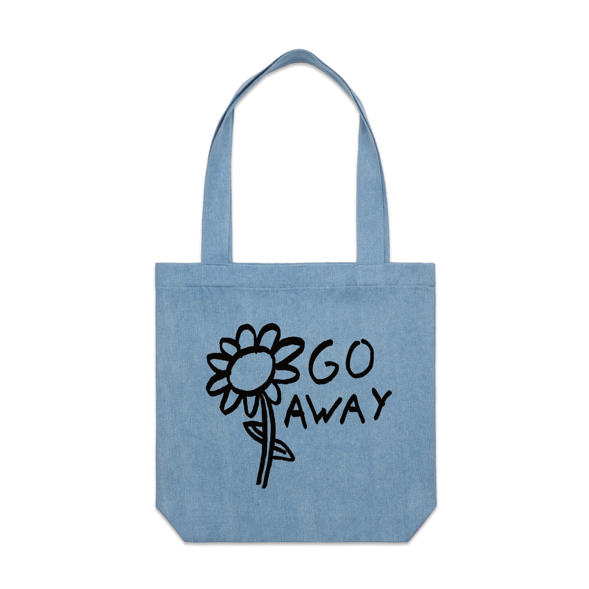 Denim carrie tote with Go Away Tote graphic by Lonely Kids Club
