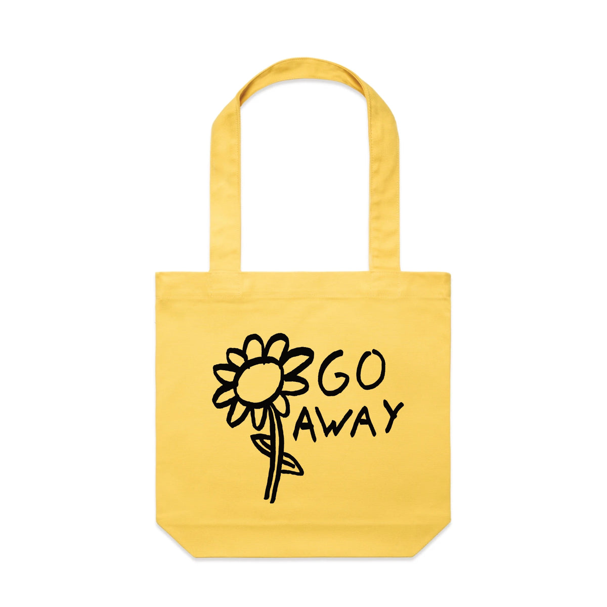 Yellow carrie tote with Go Away Tote graphic by Lonely Kids Club