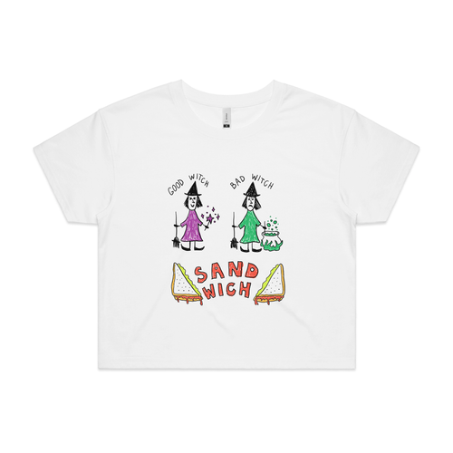 Good Witch, Bad Witch, Sandwich Tee by Lonely Kids Club. All clothing from our T-shirts to our shorts and hoodies are ethically made, and printed packed and shipped from Sydney.