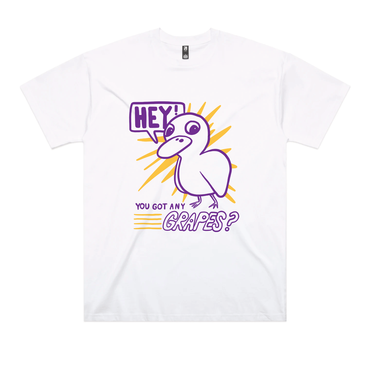 White oversized t-shirt with Got Any Grapes graphic by Lonely Kids Club