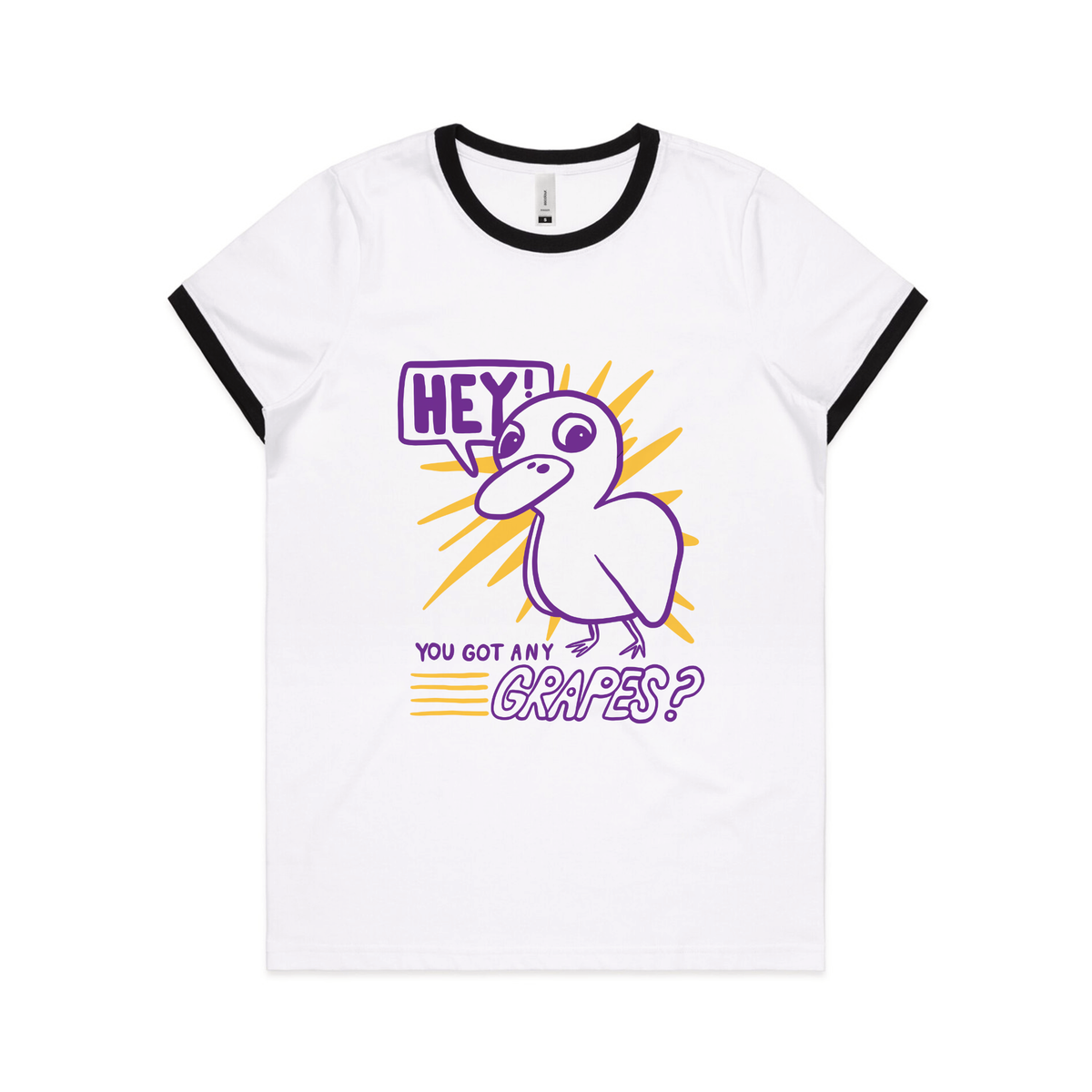 Black/White Ringer fitted womens t-shirt with Got Any Grapes graphic by Lonely Kids Club