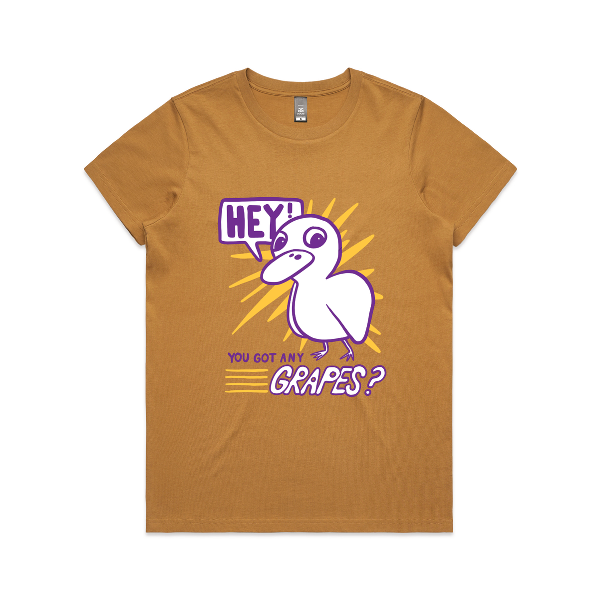 Camel fitted womens t-shirt with Got Any Grapes graphic by Lonely Kids Club