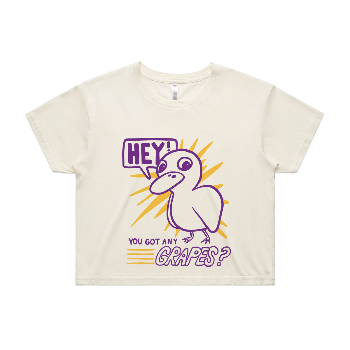Ecru crop top with Got Any Grapes graphic by Lonely Kids Club