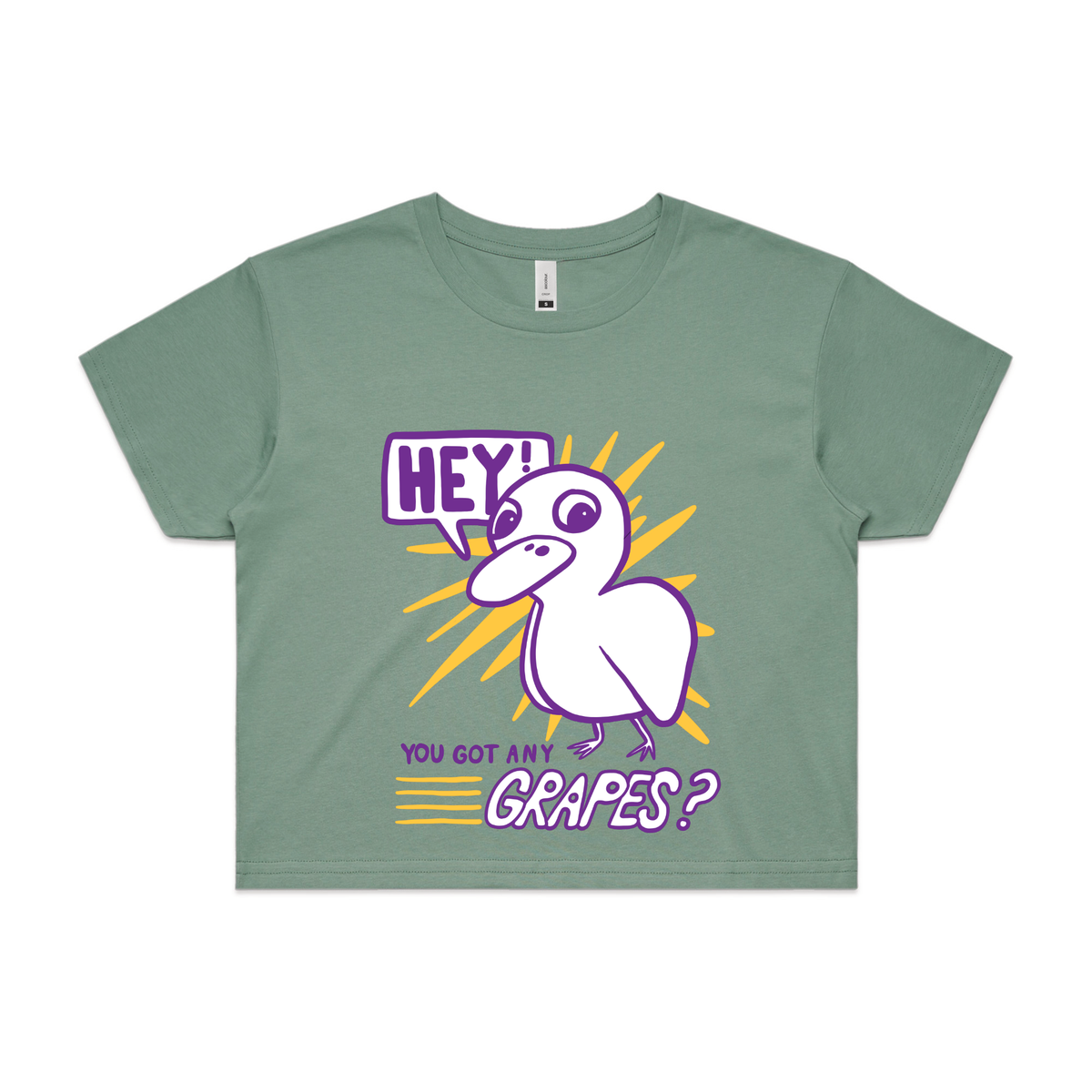 Sage crop top with Got Any Grapes graphic by Lonely Kids Club
