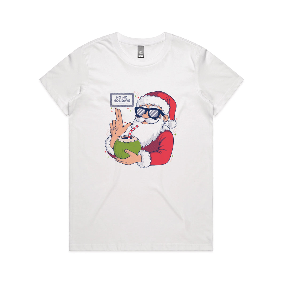 White fitted womens t-shirt with Ho Ho Holidays graphic by Lonely Kids Club