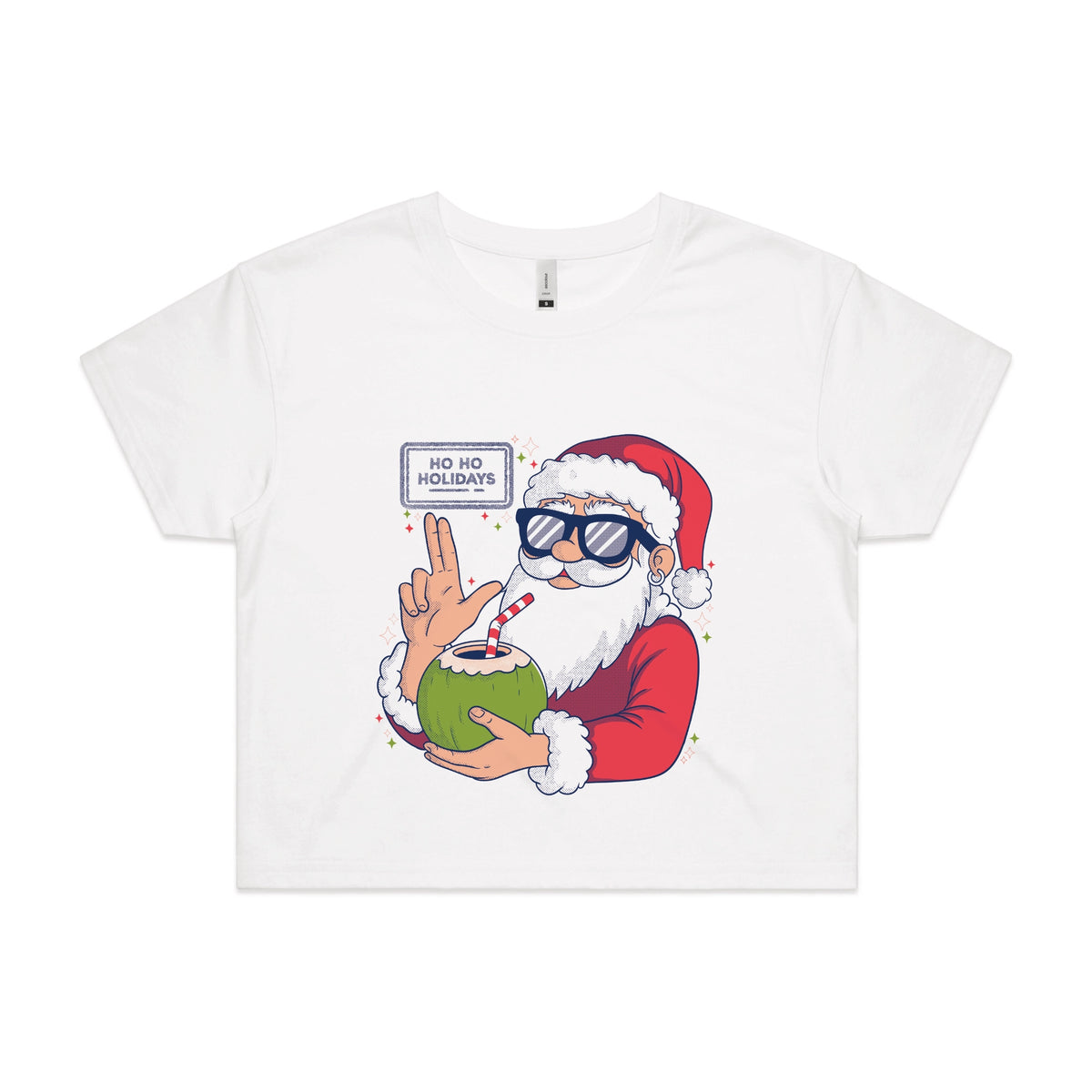 White crop top with Ho Ho Holidays graphic by Lonely Kids Club