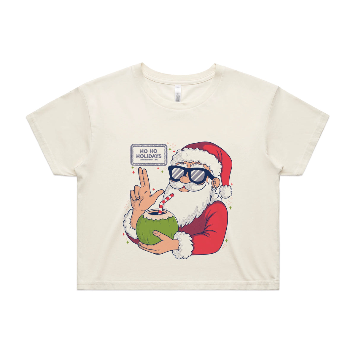 Ecru crop top with Ho Ho Holidays graphic by Lonely Kids Club